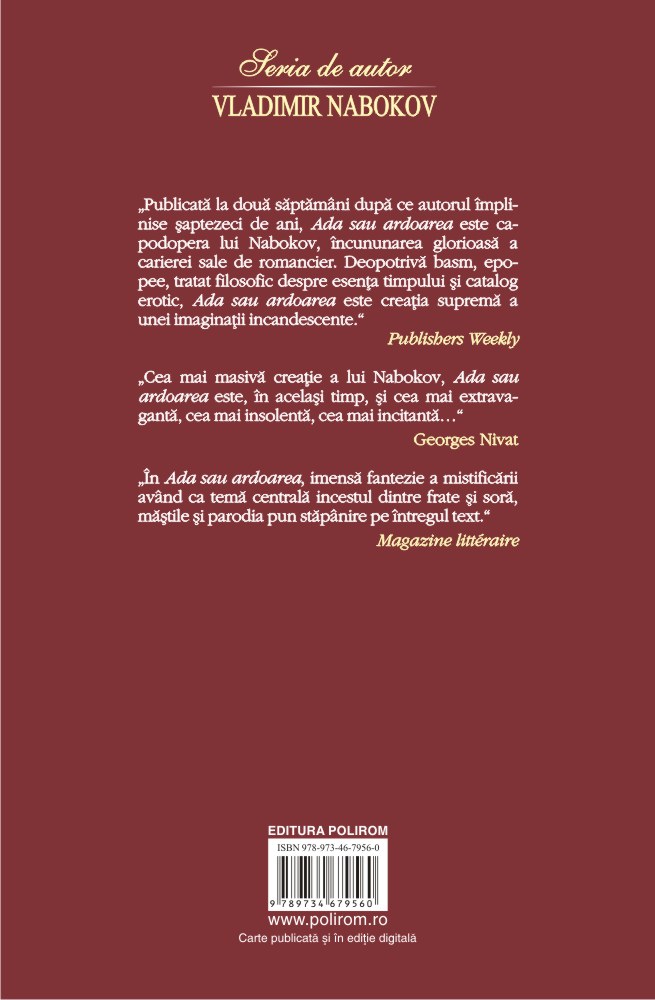 Carte Ada sau ardoarea autor Vladimir Nabokov editura Polirom