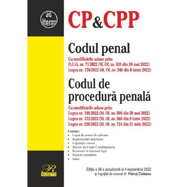 Carte Codul penal. Codul de procedura penala Ed.28 Act. 4 septembrie 2022