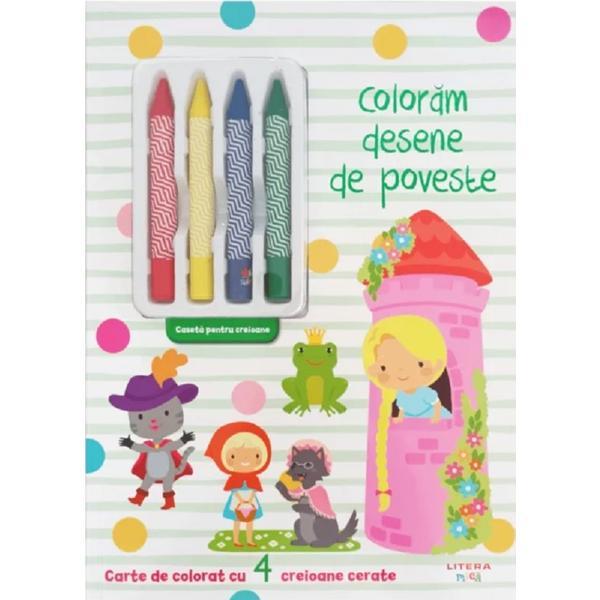 Carte Coloram desene de poveste. Carte de colorat cu 4 creioane cerate