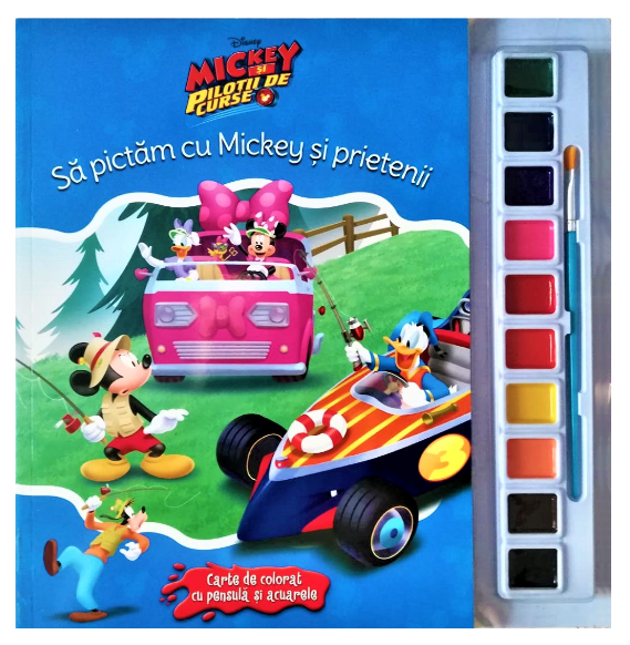 Carte Disney. Mickey și piloții de curse. Să pictăm cu Mickey și prietenii. Carte de colorat cu pensulă și acuarele editura Litera