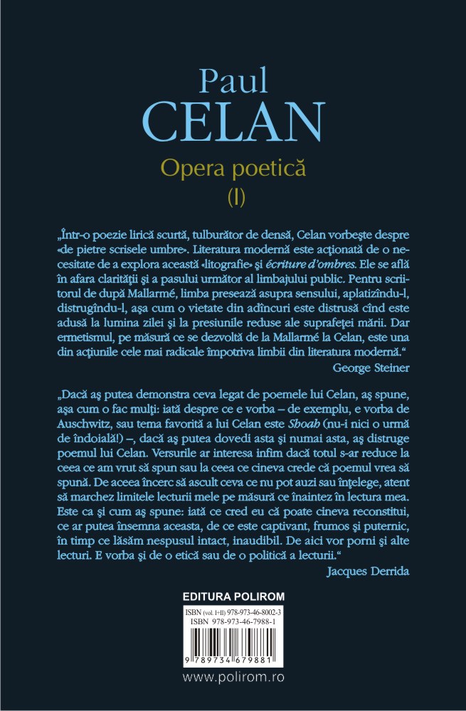 Carte Opera poetica I autor Paul Celan editura Polirom