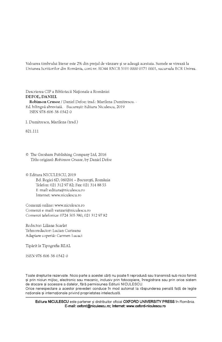 Carte Robinson Crusoe autor Daniel Defoe editura Niculescu