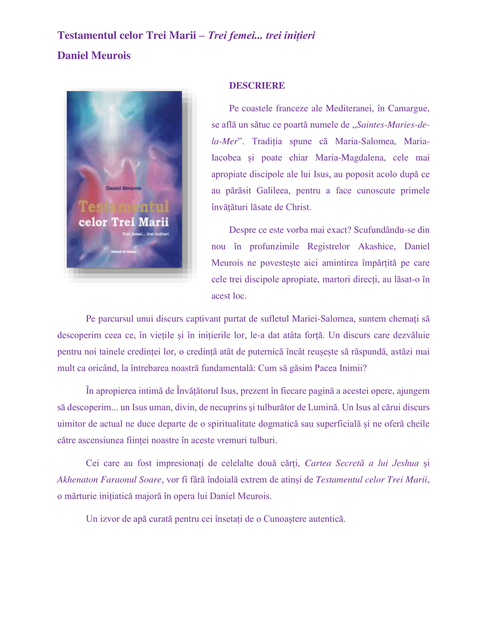 Carte Testamentul celor Trei Marii autor Daniel Meurois editura Solisis